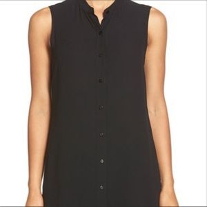Eileen Fisher Size XS Silk Mandarin Collar Button Down Top Black Sheer
